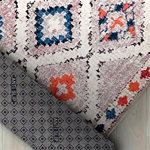 El Dokuma Yün Kilim Görünümlü Bej Krem Halı Kaymaz Yıkanabilir 80x50 cm