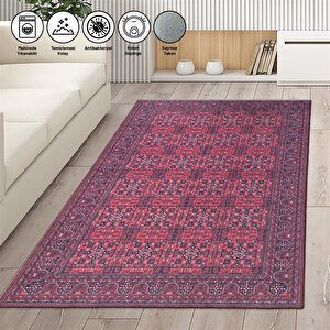 Modern Klasik Afgan Desenli Kırmızı Siyah Halı Kaymaz Taban Makinada Yıkanabilir 80x50 cm