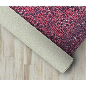 Modern Klasik Afgan Desenli Kırmızı Siyah Halı Kaymaz Taban Makinada Yıkanabilir 80x50 cm
