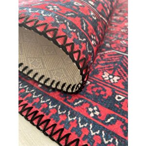 Modern Klasik Afgan Desenli Kırmızı Siyah Halı Kaymaz Taban Makinada Yıkanabilir 80x50 cm