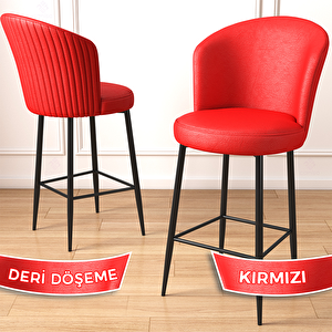 Uras Serisi 2 Adet Kırmızı Deri Ada Bar Sandalyesi Siyah Metal Ayaklı Kırmızı