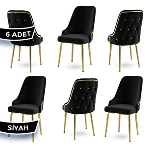 Krax Serisi 6 Adet Siyah 1.sınıf Babyface Kumaş Gold Metal Ayaklı Yemek Odası Sandalyesi Siyah