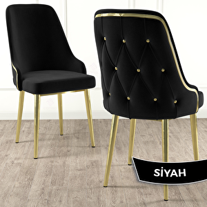 Krax Serisi 6 Adet Siyah 1.sınıf Babyface Kumaş Gold Metal Ayaklı Yemek Odası Sandalyesi Siyah