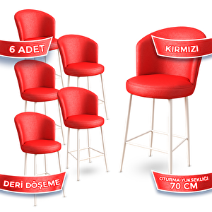Uras Serisi 6 Adet Kırmızı Deri Ada Bar Sandalyesi Beyaz Metal Ayaklı Kırmızı