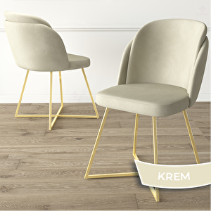 Pape Serisi 4 Adet Krem 1. Sınıf Babyface Kumaş Çift Papel Gold Metal Ayaklı Yemek Odası Sandalyesi Krem