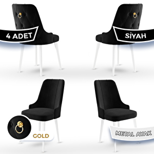 Newa Serisi 4 Adet Siyah 1.sınıf Babyface Kumaş Beyaz Metal Ayaklı Gold Halkalı Sandalye Siyah