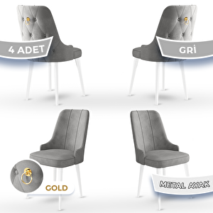 Newa Serisi 4 Adet Gri 1.sınıf Babyface Kumaş Beyaz Metal Ayaklı Gold Halkalı Sandalye