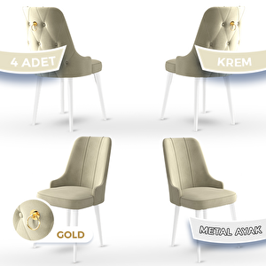 Newa Serisi 4 Adet Krem 1.sınıf Babyface Kumaş Beyaz Metal Ayaklı Gold Halkalı Sandalye Krem