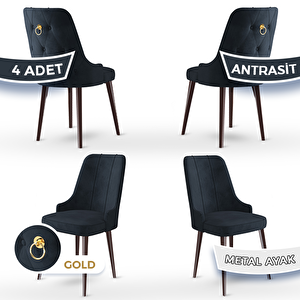 Newa Serisi 4 Adet Antrasit 1.sınıf Babyface Kumaş Beyaz Metal Ayaklı Gold Halkalı Sandalye Antrasit