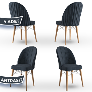 Jena Serisi 4 Adet Antrasit 1.sınıf Babyface Kumaş Doğal Ahşap Ayaklı Yemek Odası Sandalyesi Antrasit
