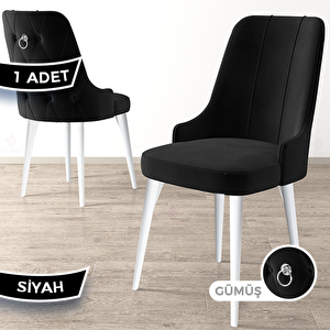 Newa Serisi 1 Adet Siyah 1.sınıf Babyface Kumaş Beyaz Metal Ayaklı Gümüş Halkalı Sandalye