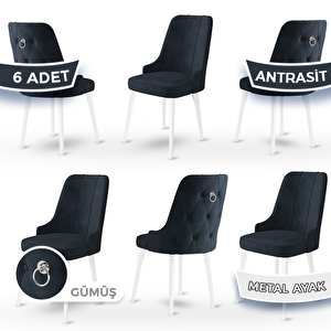 Newa Serisi 6 Adet Antrasit 1.sınıf Babyface Kumaş Beyaz Metal Ayaklı Gümüş Halkalı Sandalye Antrasit