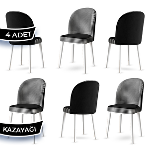 Kaze Serisi 6 Adet Kazayağı Desen 1. Sınıf Babyface Kumaş Beyaz Metal İskeletli Yemek Odası Sandalyesi Kaz Ayağı