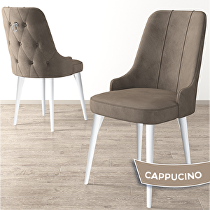 Newa Serisi 6 Adet Cappucino 1.sınıf Babyface Kumaş Beyaz Metal Ayaklı Gümüş Halkalı Sandalye Cappucino