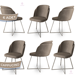 Pape Serisi 6 Adet Cappucino 1. Sınıf Babyface Kumaş Çift Papel Gümüş Metal Ayaklı Yemek Odası Sandalyesi Cappucino