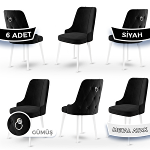 Newa Serisi 6 Adet Siyah 1.sınıf Babyface Kumaş Beyaz Metal Ayaklı Gümüş Halkalı Sandalye Siyah