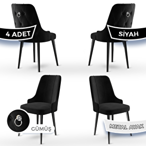 Newa Serisi 4 Adet Siyah 1.sınıf Babyface Kumaş Siyah Metal Ayaklı Gümüş Halkalı Sandalye Siyah