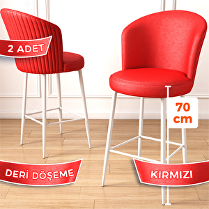 Uras Serisi 2 Adet Kırmızı Deri Ada Bar Sandalyesi Beyaz Metal Ayaklı Kırmızı