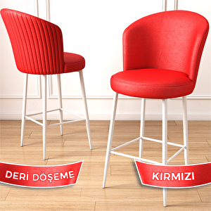 Uras Serisi 2 Adet Kırmızı Deri Ada Bar Sandalyesi Beyaz Metal Ayaklı Kırmızı