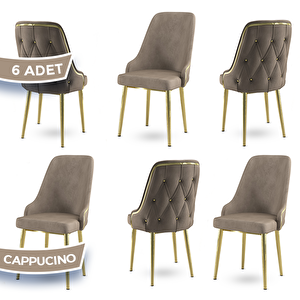 Krax Serisi 6 Adet Cappucino 1.sınıf Babyface Kumaş Gold Metal Ayaklı Yemek Odası Sandalyesi Cappucino