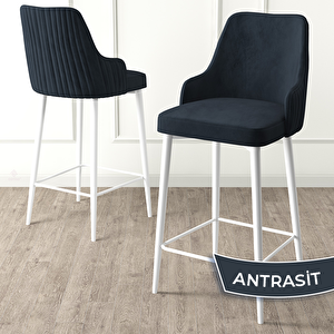 Enox Serisi 2 Adet Antrasit 1. Sınıf Babyface Kumaş Beyaz Metal Ayaklı Bar Sandalyesi Antrasit
