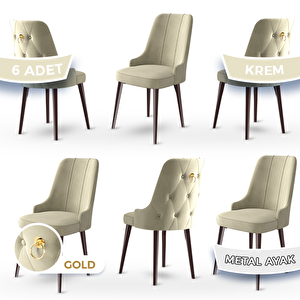 Newa Serisi 6 Adet Krem 1.sınıf Babyface Kumaş Kahve Metal Ayaklı Gold Halkalı Sandalye Krem