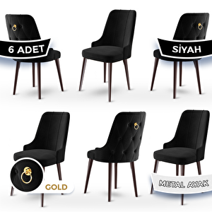 Newa Serisi 6 Adet Siyah 1.sınıf Babyface Kumaş Kahve Metal Ayaklı Gold Halkalı Sandalye Siyah