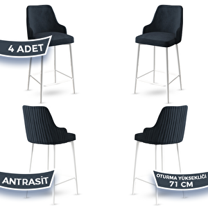 Enox Serisi 4 Adet Antrasit 1. Sınıf Babyface Kumaş Beyaz Metal Ayaklı Bar Sandalyesi Antrasit