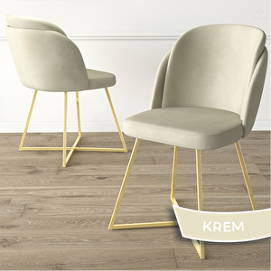 Pape Serisi 2 Adet Krem 1. Sınıf Babyface Kumaş Çift Papel Gold Metal Ayaklı Yemek Odası Sandalyesi Krem