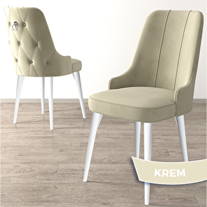 Newa Serisi 4 Adet Krem 1.sınıf Babyface Kumaş Beyaz Metal Ayaklı Gümüş Halkalı Sandalye Krem