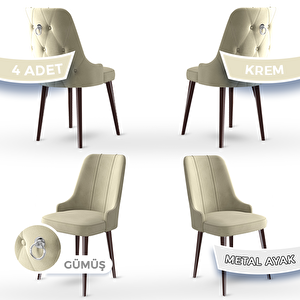Newa Serisi 4 Adet Krem 1.sınıf Babyface Kumaş Kahve Metal Ayaklı Gümüş Halkalı Sandalye Krem
