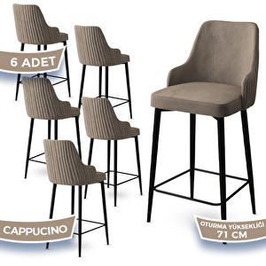 Enox Serisi 6 Adet Cappucino 1. Sınıf Babyface Kumaş Siyah Metal Ayaklı Bar Sandalyesi Cappucino