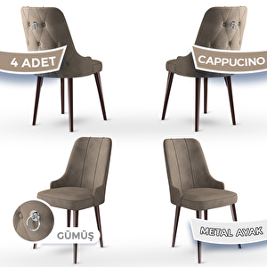 Newa Serisi 4 Adet Cappucino 1.sınıf Babyface Kumaş Kahve Metal Ayaklı Gümüş Halkalı Sandalye Cappucino