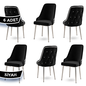 Krax Serisi 6 Adet Siyah 1.sınıf Babyface Kumaş Gümüş Metal Ayaklı Yemek Odası Sandalyesi Siyah