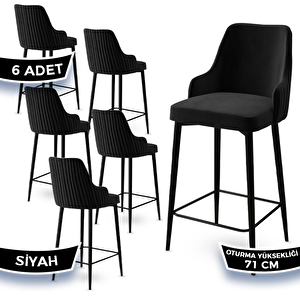 Enox Serisi 6 Adet Siyah 1. Sınıf Babyface Kumaş Siyah Metal Ayaklı Bar Sandalyesi Siyah
