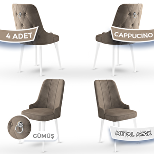 Newa Serisi 4 Adet Cappucino 1.sınıf Babyface Kumaş Beyaz Metal Ayaklı Gümüş Halkalı Sandalye Cappucino
