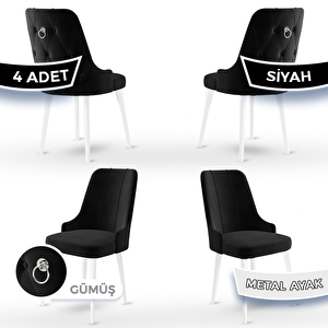 Newa Serisi 4 Adet Siyah 1.sınıf Babyface Kumaş Beyaz Metal Ayaklı Gümüş Halkalı Sandalye Siyah