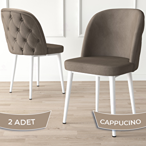 Kage Serisi 2 Adet Cappucino 1. Sınıf Babyface Kumaş Kapitoneli Beyaz Metal Ayaklı Yemek Odası Sandalyesi Cappucino