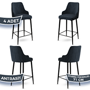 Enox Serisi 4 Adet Antrasit 1. Sınıf Babyface Kumaş Siyah Metal Ayaklı Bar Sandalyesi Antrasit