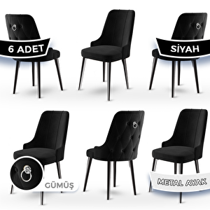Newa Serisi 6 Adet Siyah 1.sınıf Babyface Kumaş Siyah Metal Ayaklı Gümüş Halkalı Sandalye Siyah