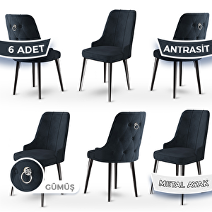 Newa Serisi 6 Adet Antrasit 1.sınıf Babyface Kumaş Siyah Metal Ayaklı Gümüş Halkalı Sandalye Antrasit