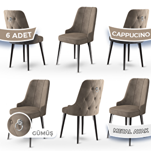Newa Serisi 6 Adet Cappucino 1.sınıf Babyface Kumaş Siyah Metal Ayaklı Gümüş Halkalı Sandalye Cappucino