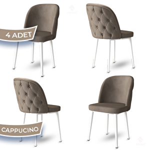 Kage Serisi 4 Adet Cappucino 1. Sınıf Babyface Kumaş Kapitoneli Beyaz Metal Ayaklı Yemek Odası Sandalyesi Cappucino
