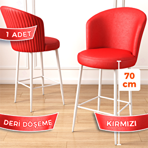 Uras Serisi 1 Adet Kırmızı Deri Ada Bar Sandalyesi Beyaz Metal Ayaklı Kırmızı