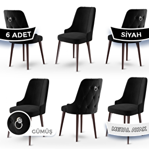 Newa Serisi 6 Adet Siyah 1.sınıf Babyface Kumaş Kahve Metal Ayaklı Gümüş Halkalı Sandalye Siyah