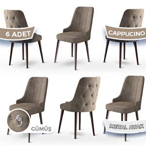 Newa Serisi 6 Adet Cappucino 1.sınıf Babyface Kumaş Kahve Metal Ayaklı Gümüş Halkalı Sandalye