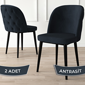 Kage Serisi 2 Adet Antrasit 1. Sınıf Babyface Kumaş Kapitoneli Siyah Metal Ayaklı Yemek Odası Sandalyesi Antrasit