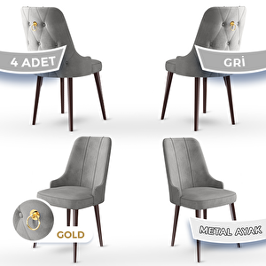Newa Serisi 4 Adet Gri 1.sınıf Babyface Kumaş Kahve Metal Ayaklı Gold Halkalı Sandalye Gri