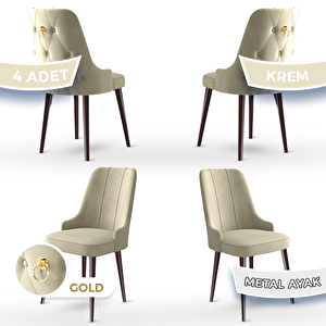 Newa Serisi 4 Adet Krem 1.sınıf Babyface Kumaş Kahve Metal Ayaklı Gold Halkalı Sandalye Krem