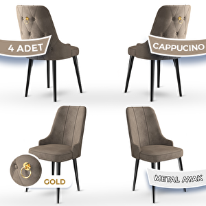 Newa Serisi 4 Adet Cappucino 1.sınıf Babyface Kumaş Siyah Metal Ayaklı Gold Halkalı Sandalye Cappucino